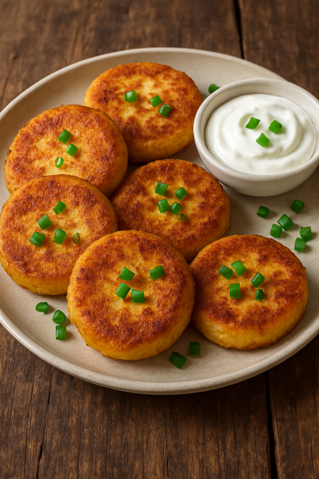 Crispy Potato Cakes from Mashed Potatoes Crispy potato cakes on a plate with sour cream and green onions, on a rustic wooden table.